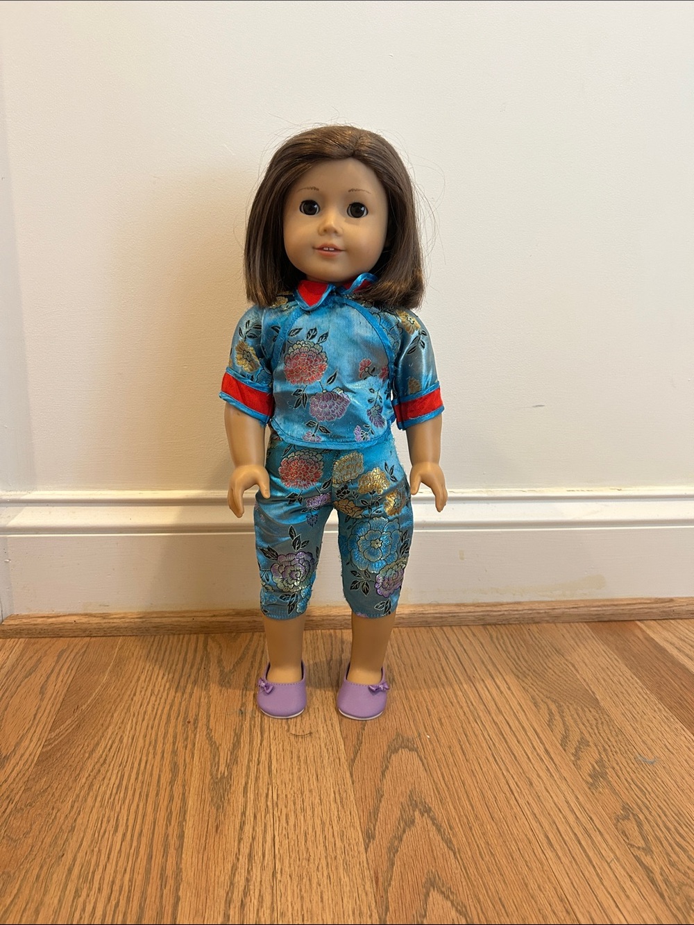 Asian-style Doll Outfit in Teal with Floral Brocade
